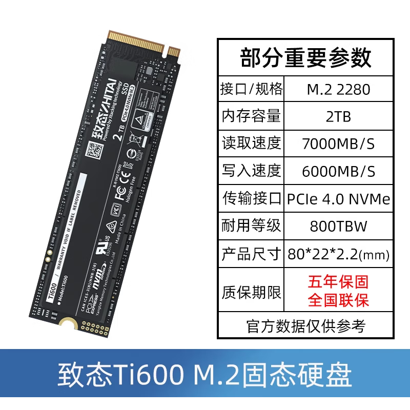 致鈦（ZhiTai）致態(tài)致鈦TiPlus7100/600/5000長(cháng)江存儲2T1TB512G2T固態(tài)M2硬盤(pán)SSD 致鈦 ti600 2TB