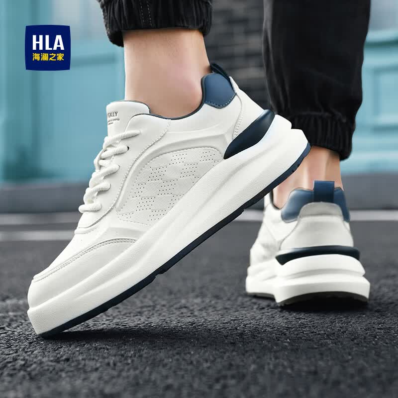 海澜之家(HLA)男鞋夏季2026新款休闲运动鞋百搭小白鞋菱格纹透气增高板鞋子男 白蓝色-冲孔透气 43 (265mm)