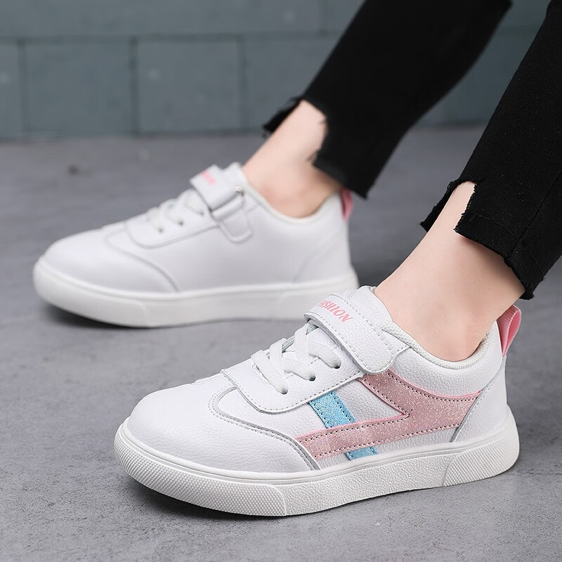 贝天熊（BeiTianXiong）童鞋春款男童软底休闲鞋秋冬新款女童网面鞋透气儿童革面运动鞋  BJW259白粉（皮面） 34 内长21.4/脚20.4