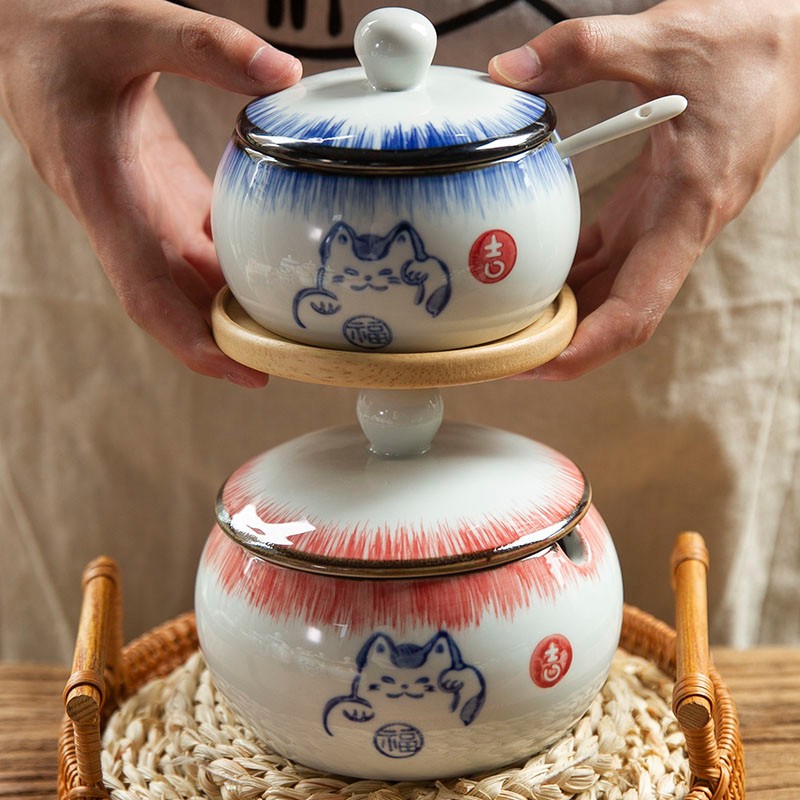 和风四季釉下彩调味罐复古盐罐油罐厨房调料罐调料盒陶瓷辣椒罐猪油罐炖盅 黄色招财猫大号调味罐550ml配勺