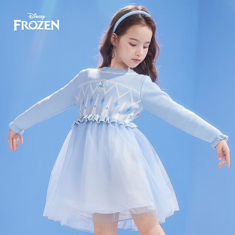 baby童装女童连衣裙爱莎公主裙冰雪奇缘艾莎毛线网纱长袖 蓝色冰雪