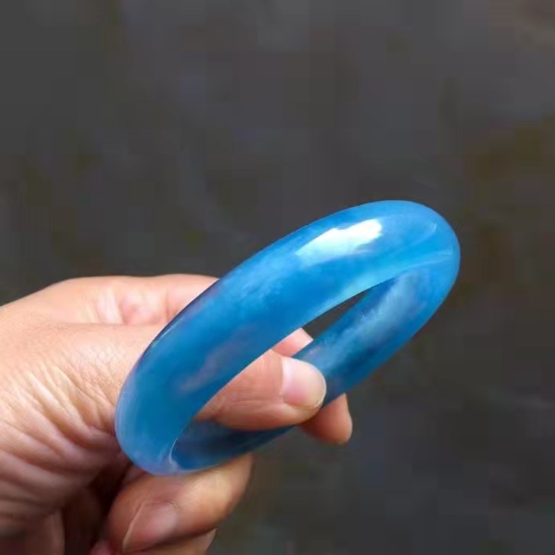 寻然原矿海蓝宝手镯冰种通透湛蓝色原石打磨上手漂亮大气
