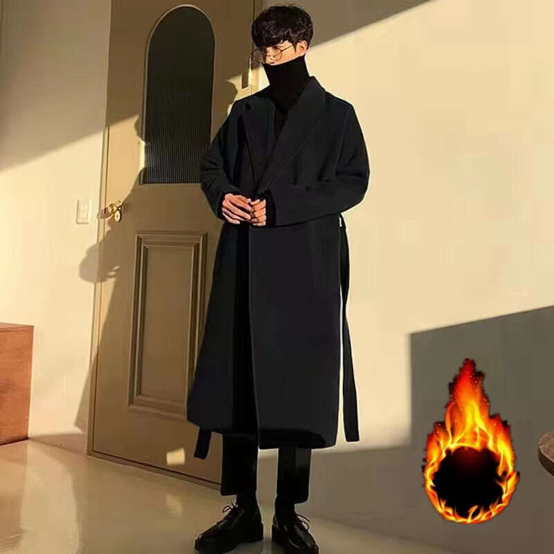 晨瑞杰 风衣男中长款秋冬季韩版加棉加厚呢大衣男青年宽松保暖呢外套潮 加厚 F07黑色 2XL