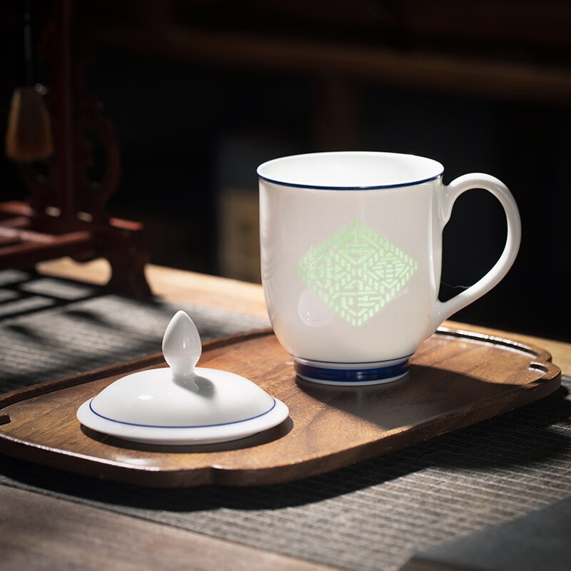 御嘉斋影青雕刻陶瓷杯办公茶杯大容量带盖纯手工水杯子马克杯可定制礼物 吉祥玲珑办公杯 400ml