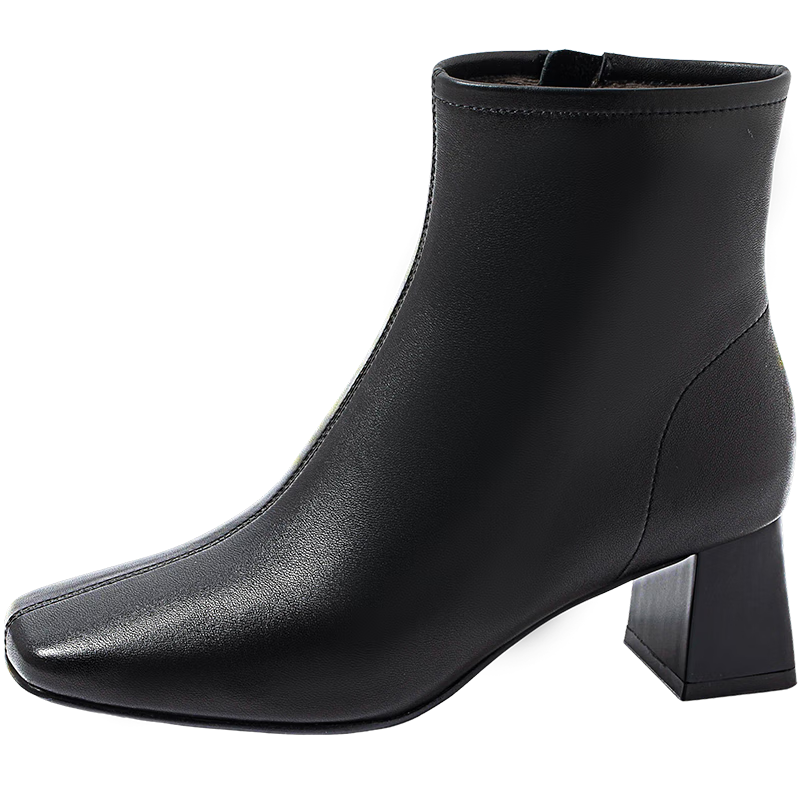 康莉（COMELY）羊皮粗跟短靴女冬季真皮時尚方頭舒適高級時裝靴 黑色/羽絨里 36