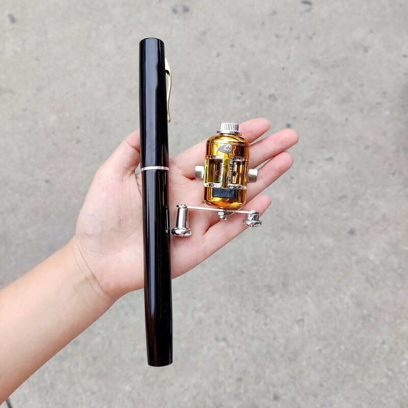 迷你小海竿钢笔小海杆便携带轮冰钓杆筏钓儿童鱼竿 1m 黑色钢笔杆 轮