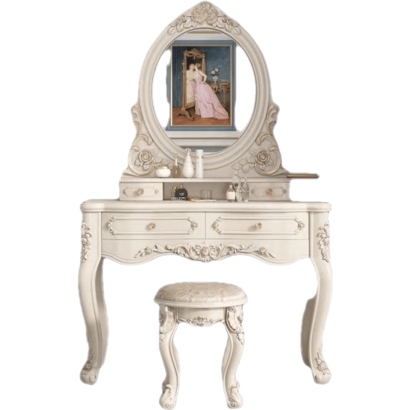 知渡 欧式梳妆台卧室化妆桌多功能公主梳妆桌小户型网红ins法式化妆台 描金爱心镜(不带灯)+化妆凳 长度 100cm双抽屉