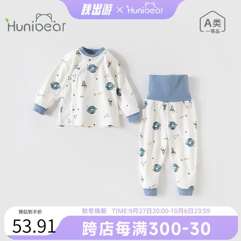 欢喜小熊婴儿衣服春秋纯棉初生宝宝偏开高腰护肚分体套装新生幼儿秋衣秋裤 快乐星球  蓝色 80码(建议10-18个月)怎么看?