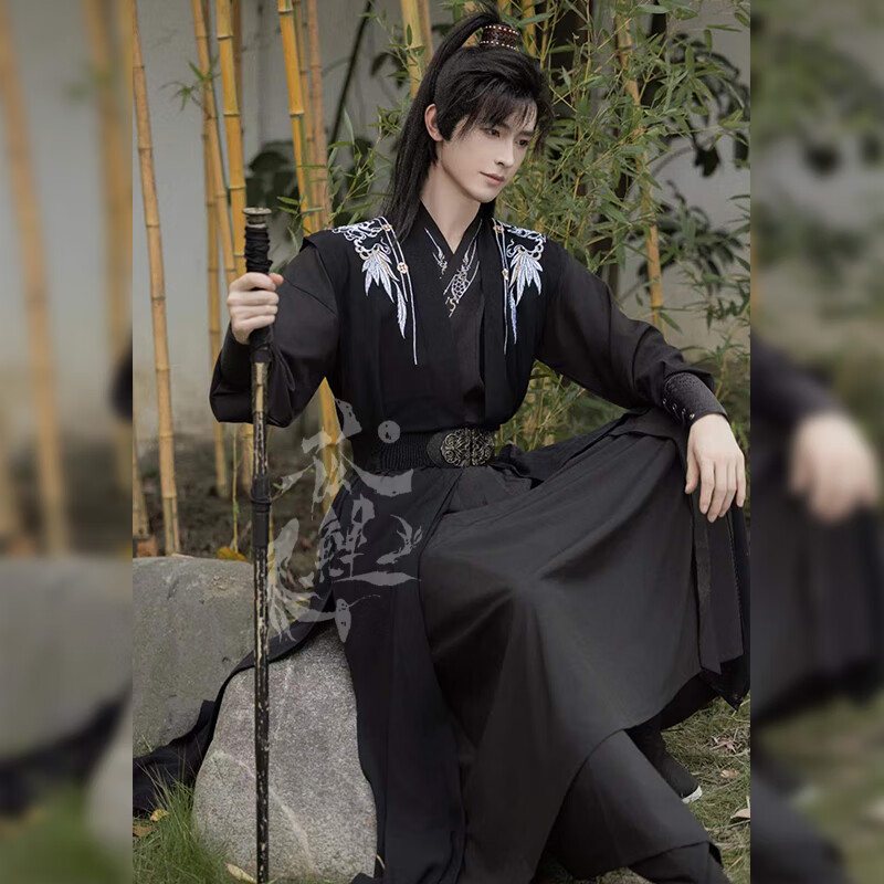 督型（DUXING）中國風(fēng)成人漢服男女仙氣情侶款古裝俠客書生學(xué)生班服套裝表演情侶 黑色三件套 2XL