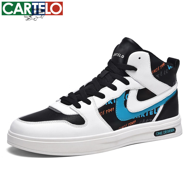 卡帝乐鳄鱼高帮板鞋男士春秋季新款运动休闲鞋皮面鞋子百搭潮流男鞋 黑白蓝 41