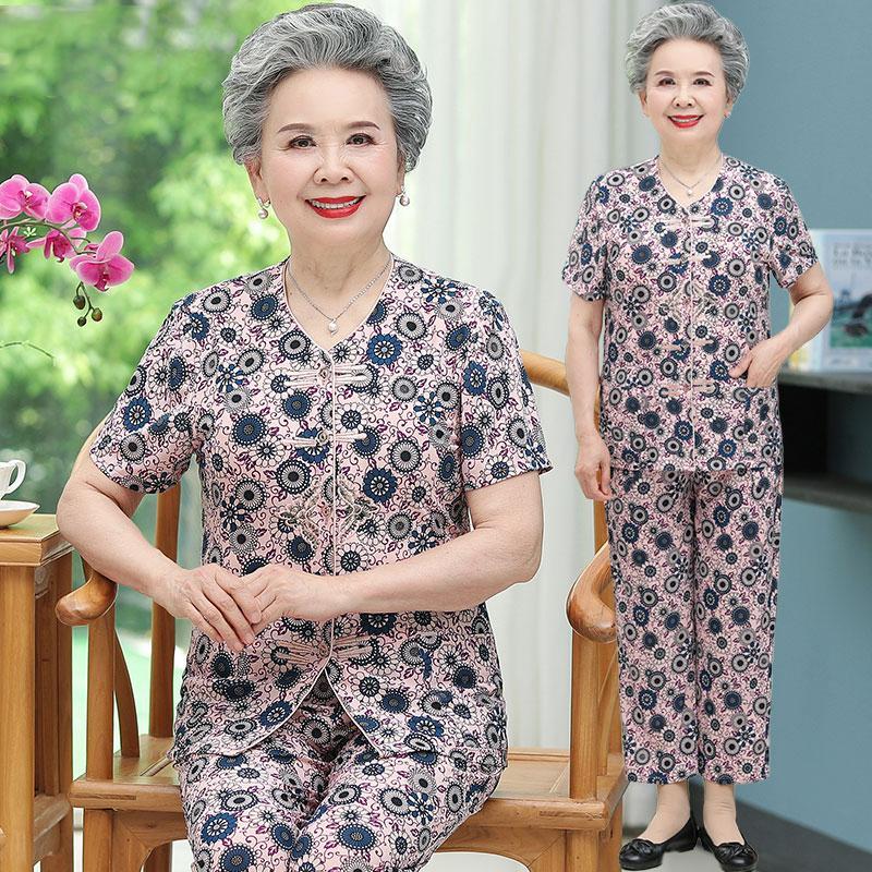 的短袖套装老年人女短袖两件套奶奶夏装套装冰丝70-80岁老太太衣服妈