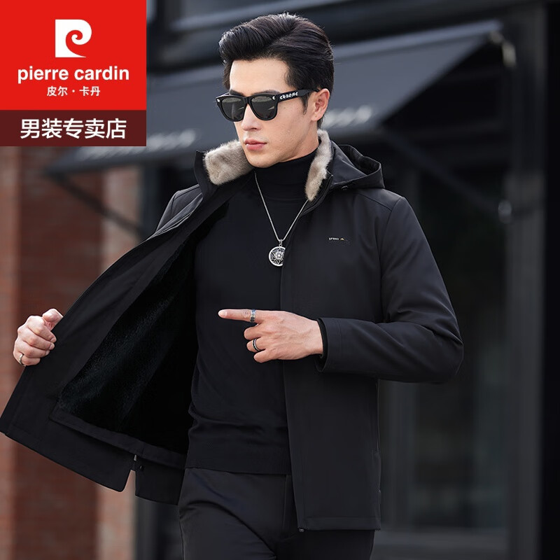 皮爾卡丹冬季男士水貂毛領派克服皮毛一體短款貂皮大衣可拆卸內膽皮草外套 2023231黑色 黑色內膽 L [125-140】斤