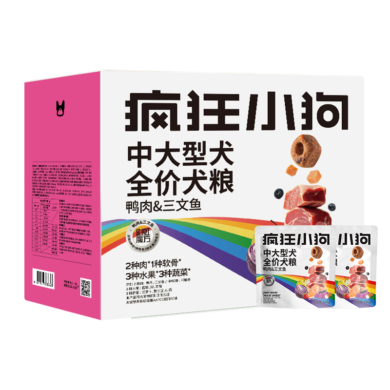 疯狂小狗中大型犬彩虹魔方鸭肉&amp;三文鱼犬粮6kg（便携独立包装 100g*60）