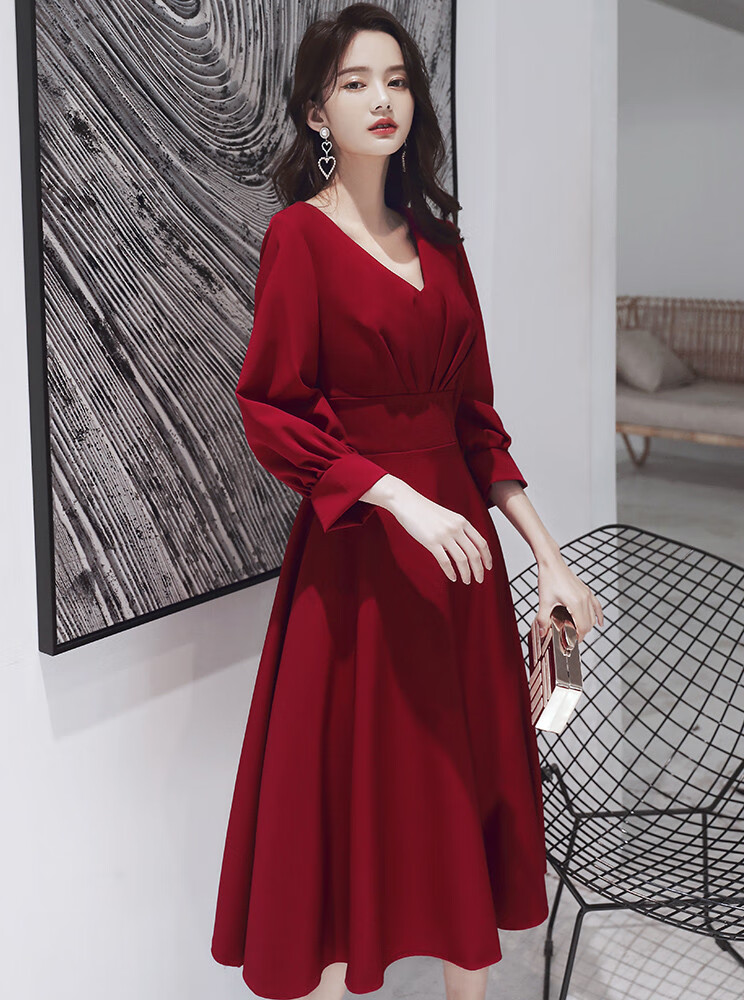 200斤大码礼服女胖mm晚礼服订婚敬酒服遮肚显瘦胖妹妹连衣裙 酒红色