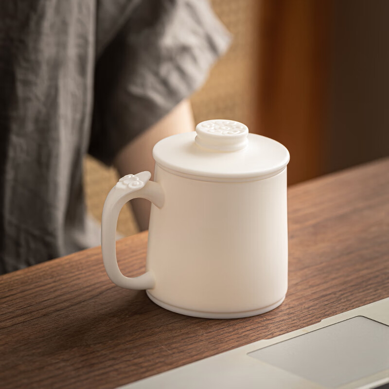 流影高档羊脂玉茶杯单个茶水分离泡茶杯马克杯德化白瓷办公杯礼品定制 丹凤金鱼对杯-吉祥如意