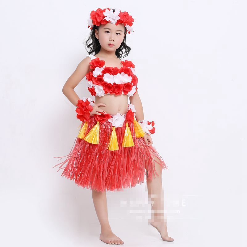 鲁伊森海草舞蹈服装精品夏威夷六一儿童节表演舞成人加厚草裙花环套 红2
