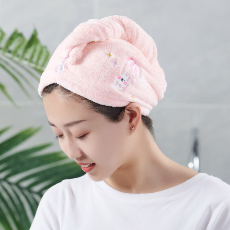 洁玉刺绣干发帽女比纯棉吸水家用浴帽速干擦头干发巾包头毛巾1条粉色 