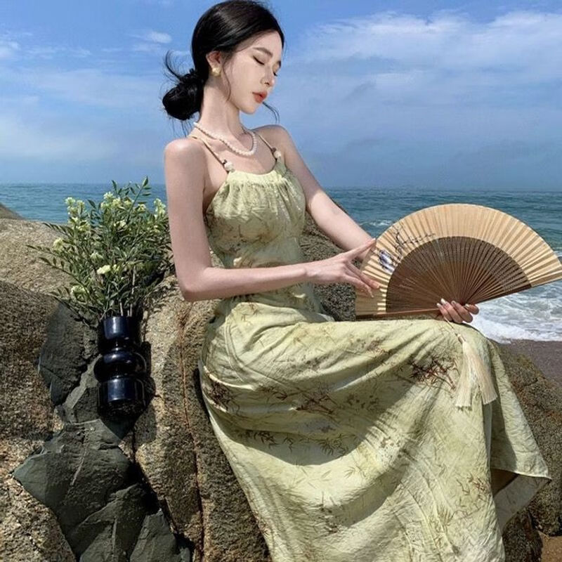 lion挂脖连衣裙海边氛围感裙子新中式连衣裙古风元素衣服梨型身材穿搭