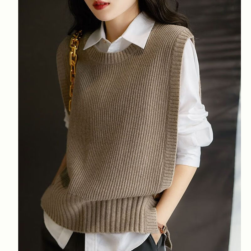 奔瑜针织毛线马甲女式背心马夹女士新款2023款春秋短款毛 花驼色 s