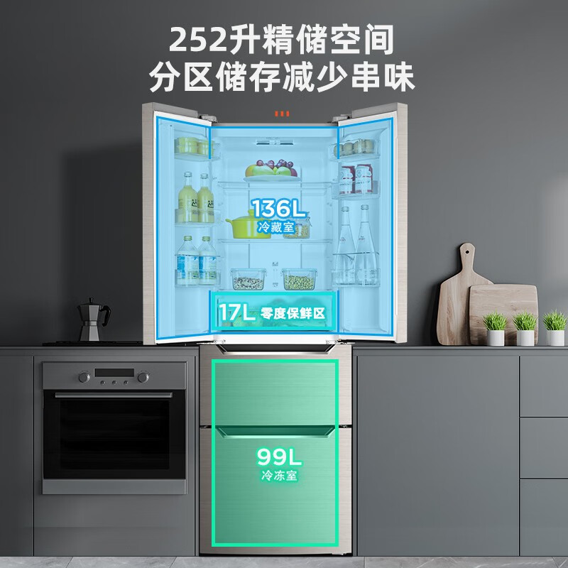 奥马(Homa)60cm以下超薄可嵌入252升变频风冷无霜薄款双开门四开门法式多门家用电冰箱 BCD-252WFK/B