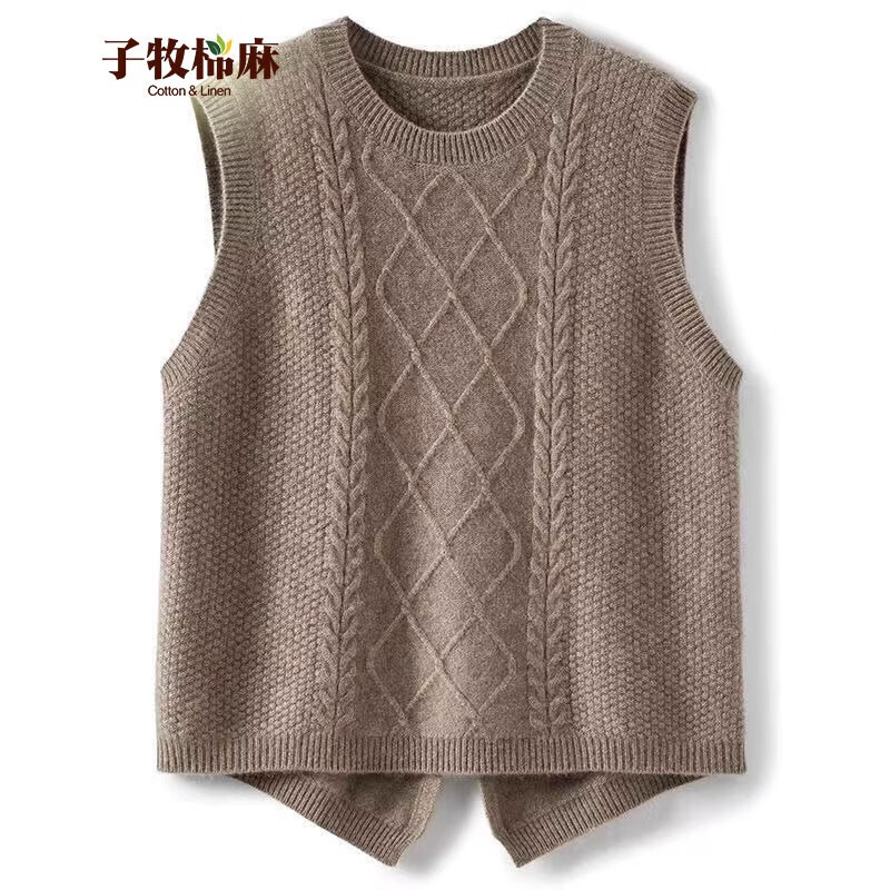 子牧棉麻秋装 女韩版百搭针织背心宽松显瘦无袖坎肩马甲3718 驼色 均码(建议95-130)
