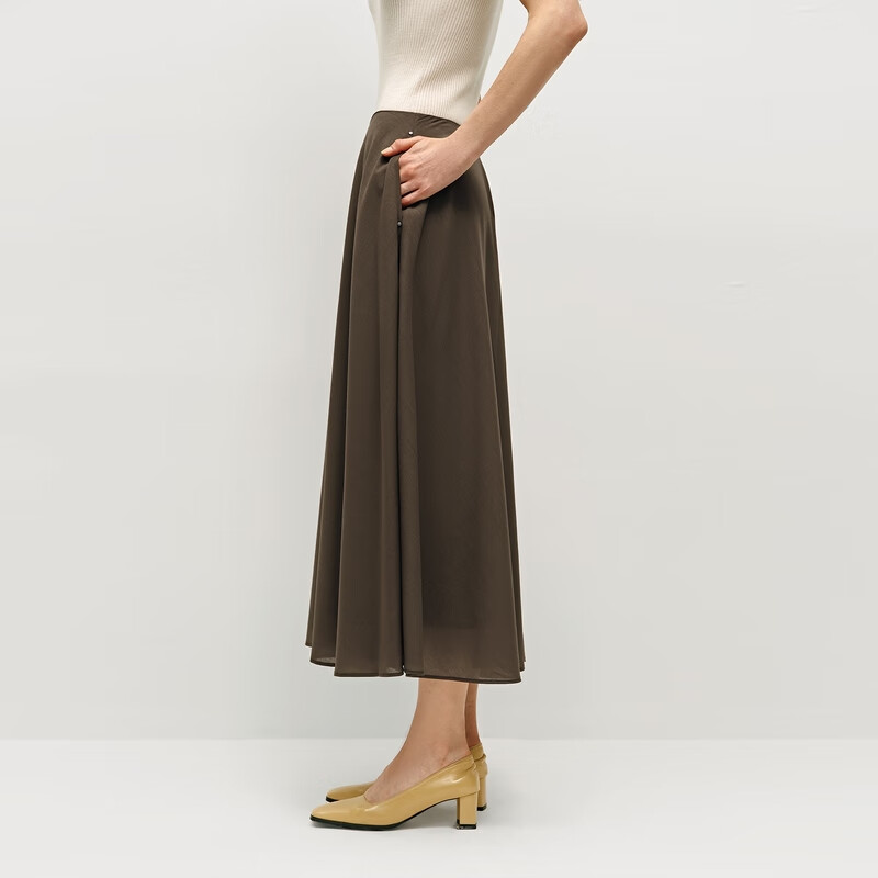 OVV2024秋冬新款女装经典垂坠舒适羊毛A字伞裙半身裙 深摩卡 L