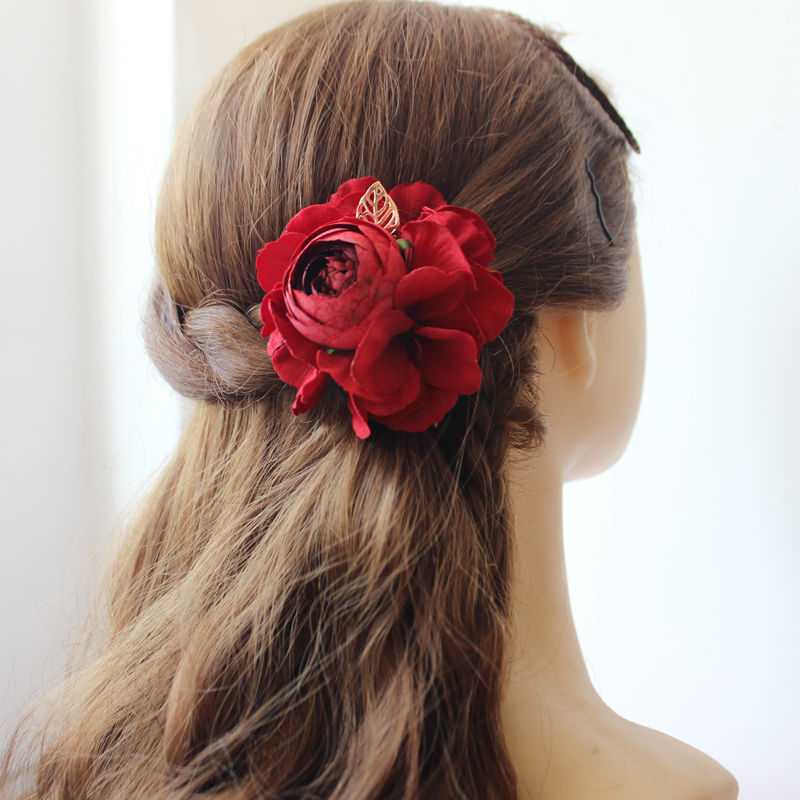法娜诺 结婚婆婆头花 红色头饰婆婆头花玫瑰金叶子花朵发夹旗袍礼服