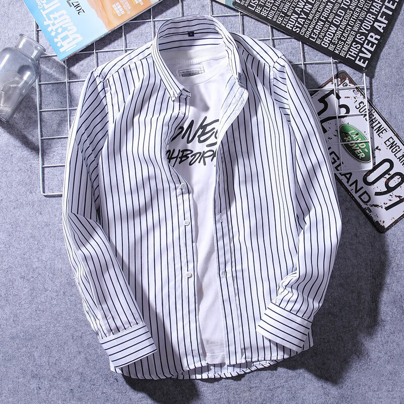 卡柏奇秋冬韩版修身商务休闲条纹男式四季长袖衬衫 白色 M