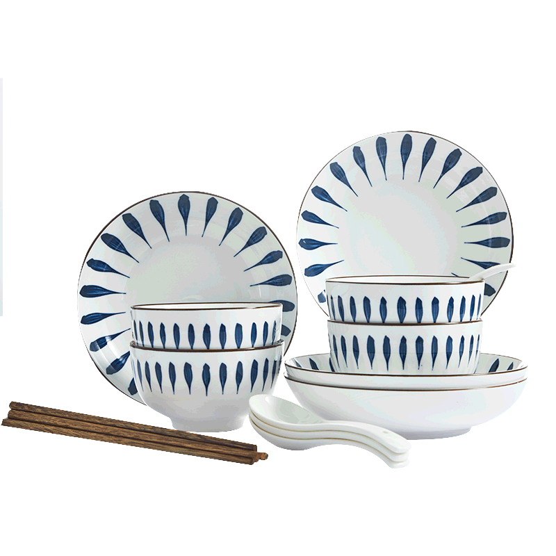 惠寻 京东自有品牌 日式和风千叶草餐具16件套 陶瓷碗碟套装盘子勺筷