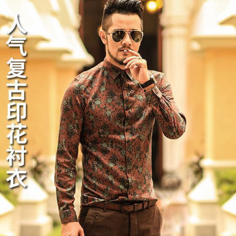 花衬衫男复古港味风长袖夏威夷沙滩花衬衫男长袖衬衣男秋装新款 时尚