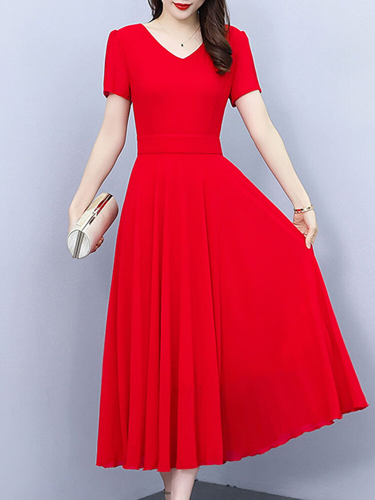 皮尔卡丹黑色大摆雪纺领连衣裙女士装夏季新款沙滩裙气质超长款裙子 红色 M