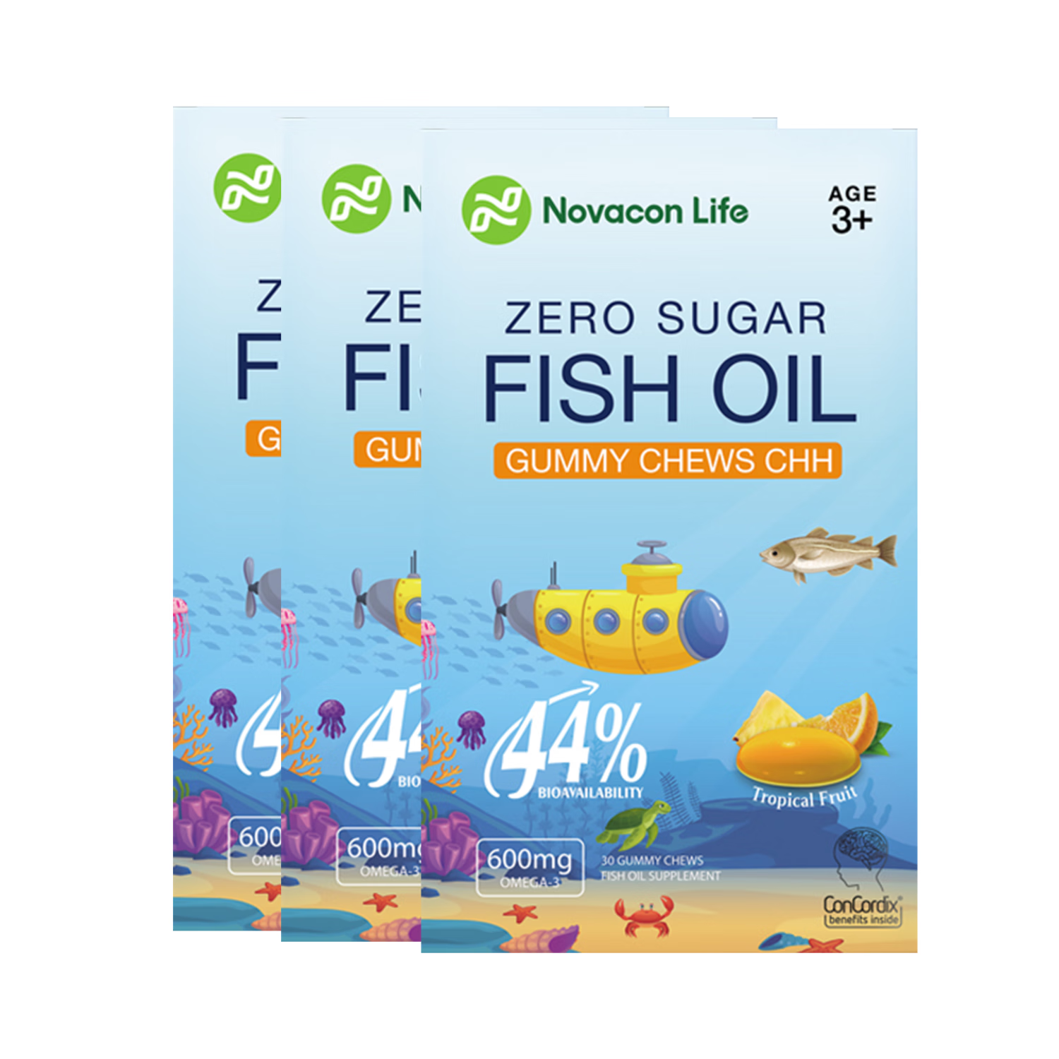 诺康莱 NOVACON LIFE儿童口嚼鱼油原装进口DHA深海鱼油Omega3宝宝软糖无腥30粒*3盒