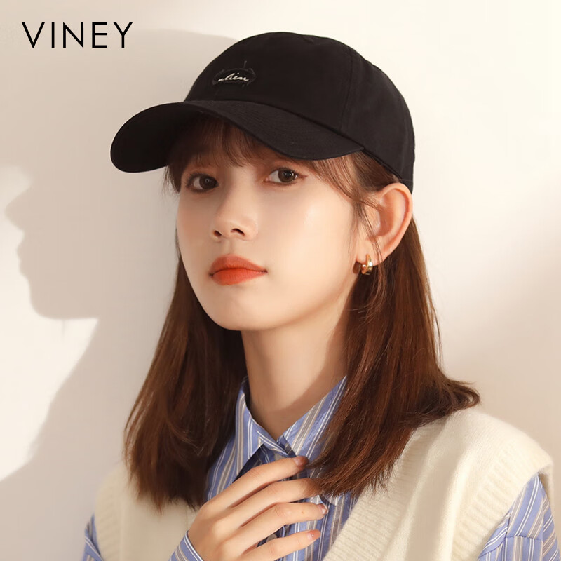 viney棒球帽春夏季韩版棉软顶鸭舌帽女士休闲太阳帽子男女 黑色 均码