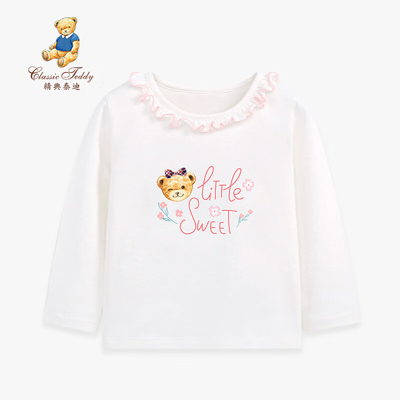 Classic Teddy女童T恤童装儿童长袖上衣中小童花边领打底衫宝宝外出服 甜心熊A白色 130