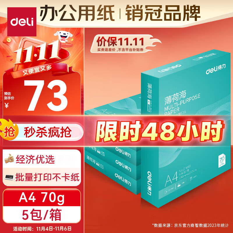 得力（deli）薄荷海A4打印纸 70g克500张*5包一箱 双面复印纸 高性价比草稿纸 整箱2500张