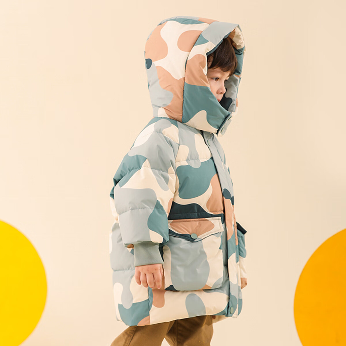 康博男童女童羽绒服宝宝中长款新款洋气加厚冬季儿童保暖外套 绿色迷彩120 130