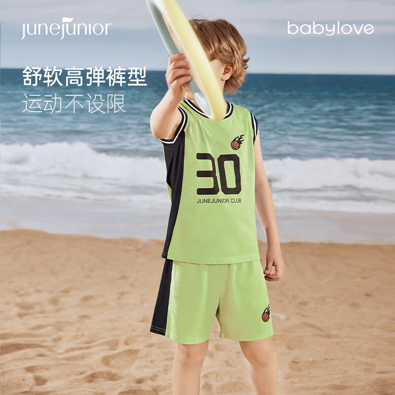 junejunior儿童套装夏季透气背心短裤篮球服速干运动套装 积极绿 130