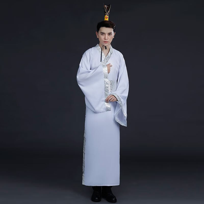 戏服长发秦汉少侠秦朝战国时期汉服男古装侠客书生春秋中 白色白边