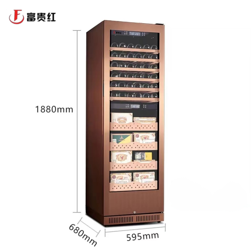 富贵红恒温红酒柜 双温葡萄酒柜家用酒柜压缩机酒柜恒温酒柜冷藏柜雪茄柜茶叶柜带锁 玫瑰金-榉木-满层款