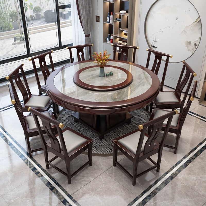 新中式岩板餐桌椅实木圆桌转盘家用饭桌高档轻奢酒店餐桌大圆桌子 1.8m +12椅  送转盘