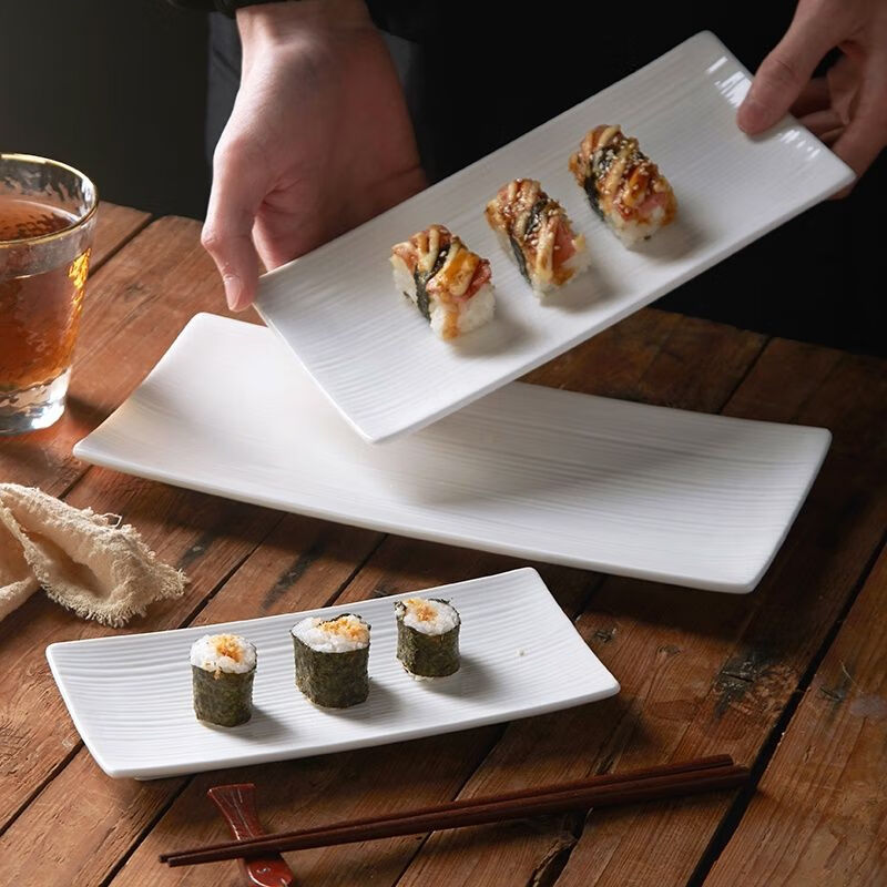 润华年寿司盘子长方形盘子陶瓷日式白色创意西餐甜品餐具点心长条盘 条纹长方盘子-10英寸2只装
