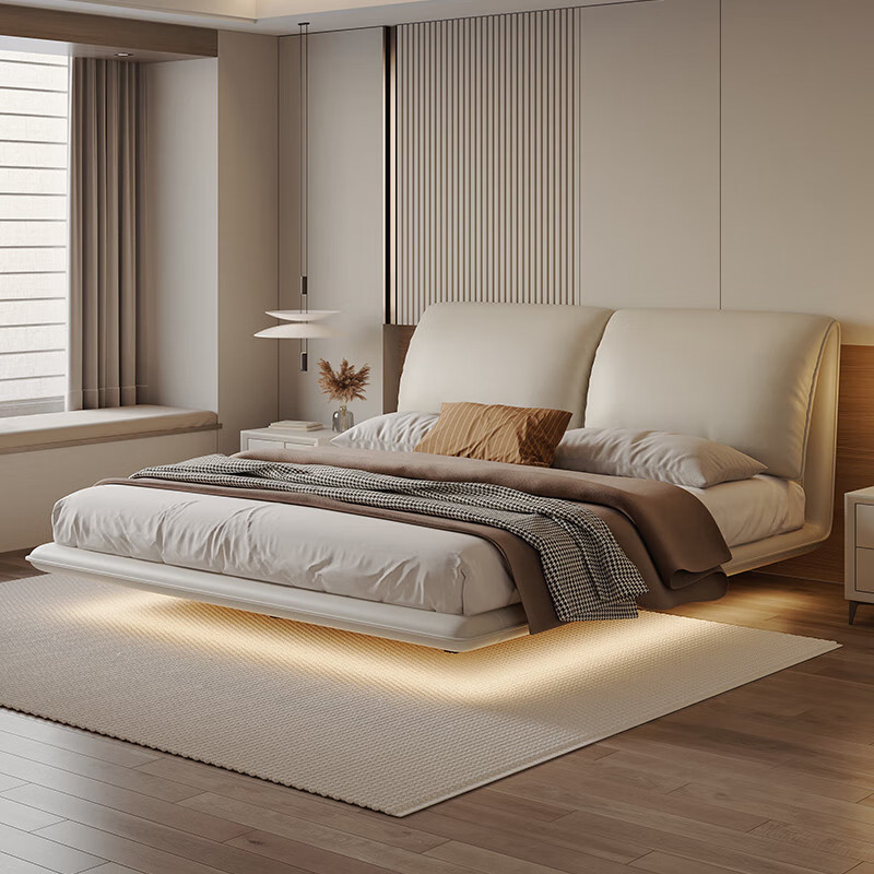 福遇悬浮床奶油风头层牛皮大象耳朵主卧真皮床双人1.8m悬空高箱储物床 【至尊版】床+护脊双面床垫 1.8m*2.0m曲木储物（送灯带）