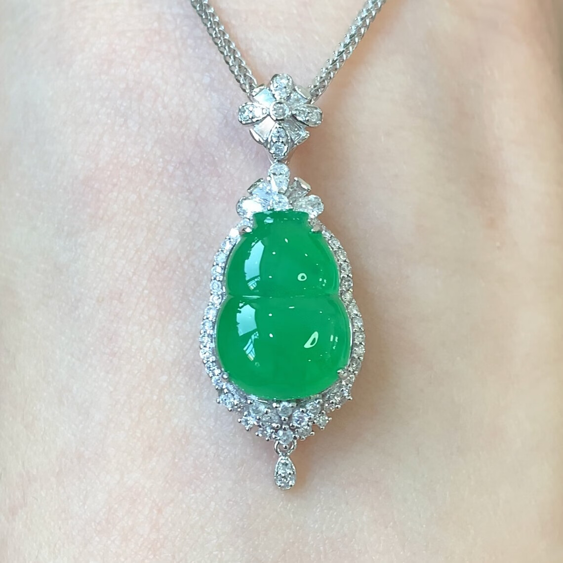 皇本小哥天然翡翠a货冰种飘花挂件葫芦吊坠女项链玉葫芦18k金镶嵌吊坠