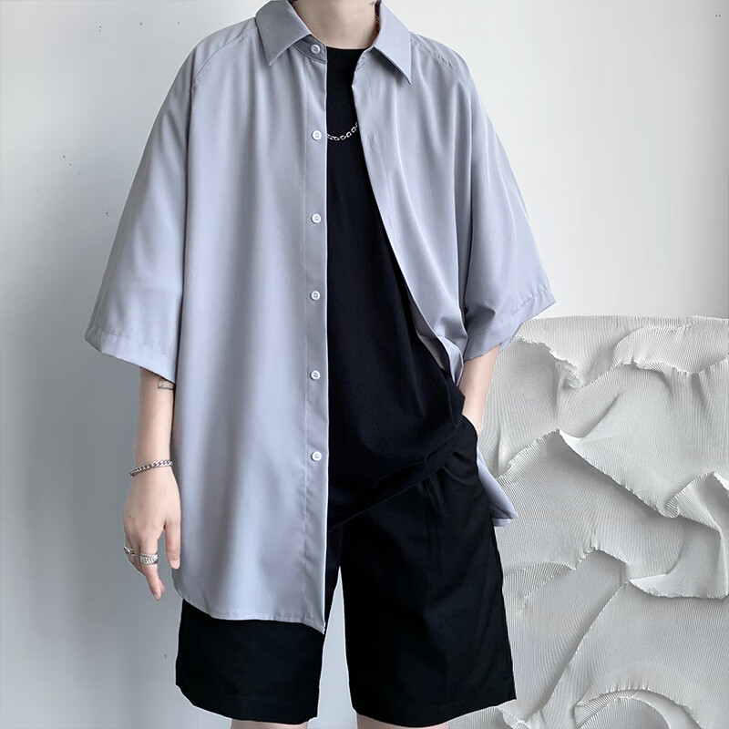 OEMG  夏季薄款短袖衬衫男女潮流垂感七分半袖高级感情侣宽松休闲外套 CS1136卡其色 XL 【建议130-145斤】