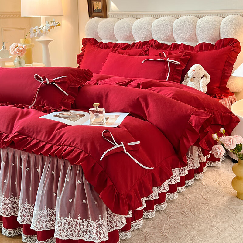 拉夏贝尔（La Chapelle）公主风床上四件套全棉100%纯棉A类韩式花边蕾丝床单被套 如愿-酒红 1.8m四件套 床裙款 （被套200*230cm）
