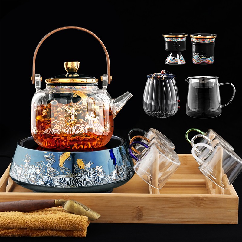 蒸汽小家用茶具套装煮茶炉泡茶壶烧茶 10锦鲤壶黑胆 方圆电陶炉大全组