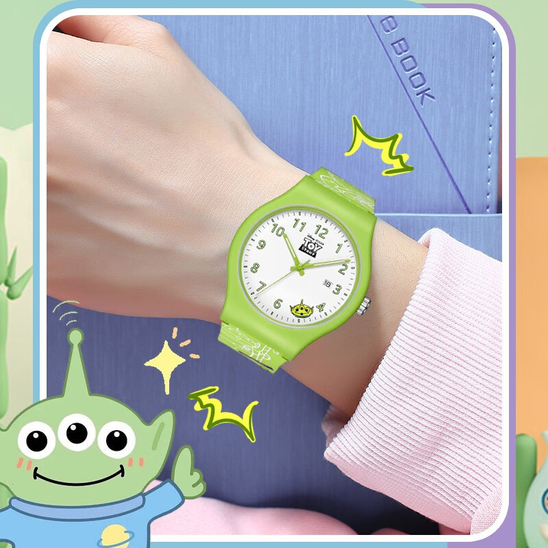 迪士尼（Disney）儿童手表看时间简约小学生少女初高中学生电子表防水礼物腕表生日 三眼仔绿色