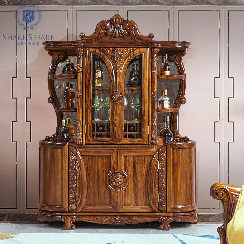 莎仕比娅 乌金木酒柜 欧式高档全实木别墅豪宅豪华四门酒柜 乌金木