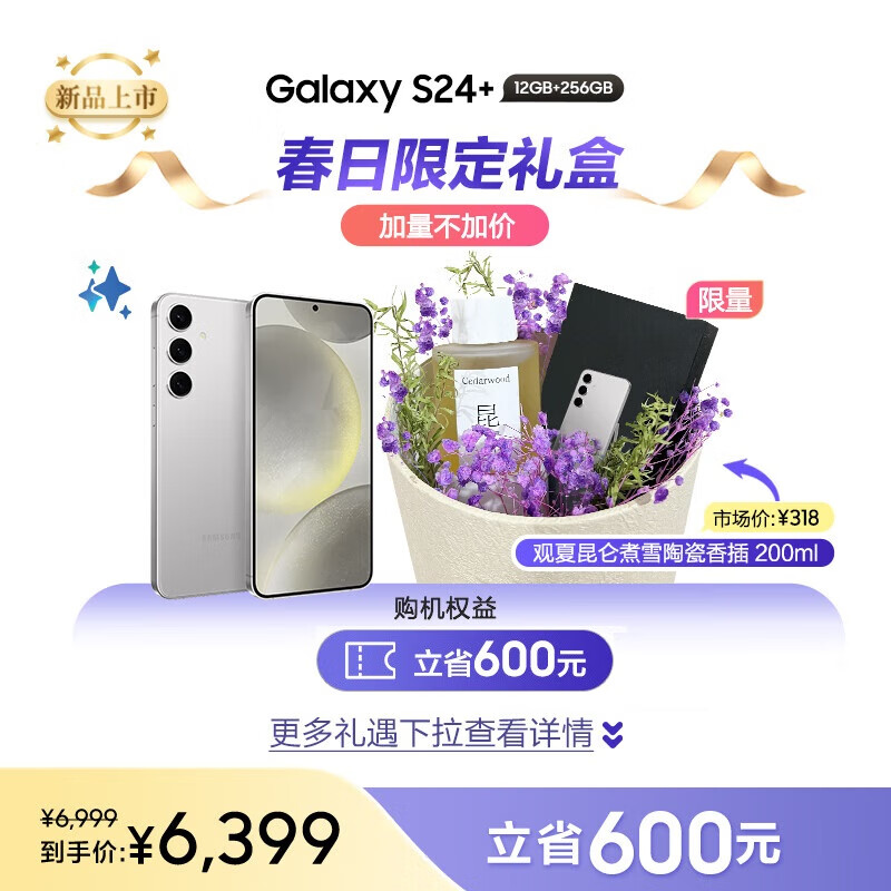 三星Galaxy S24+  观夏香薰礼盒 Al智享生活办公 智能修图建议 12GB+256GB 雅岩灰 5G AI手机