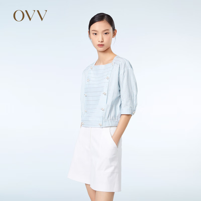 OVV春夏热卖女装色织丝棉条纹复古双排扣方领短款短袖上衣 浅蓝条纹10 S